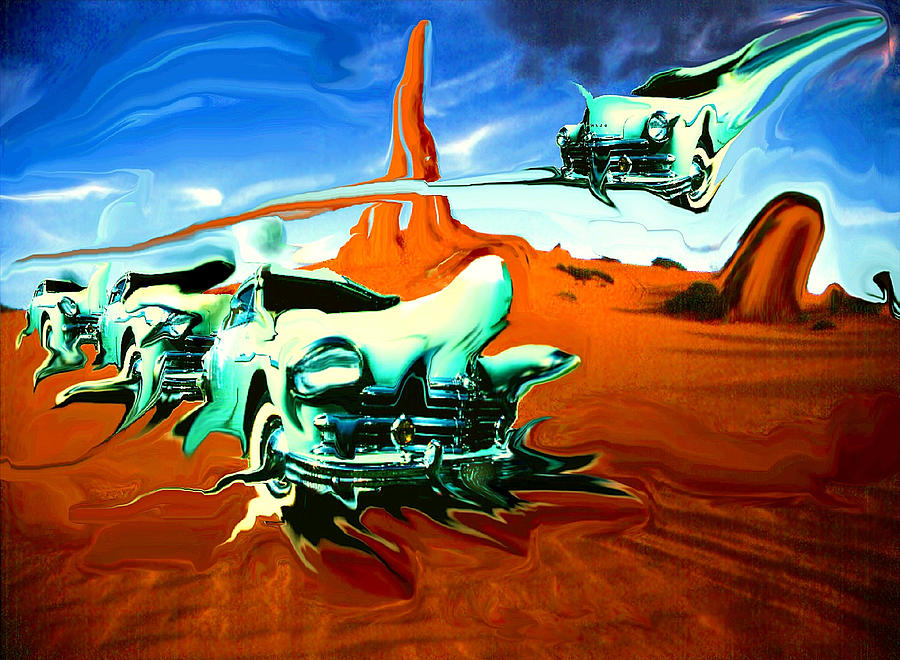 Green Cars In Red Desert - Surrealistic Fantasy Art Painting by Peter Potter