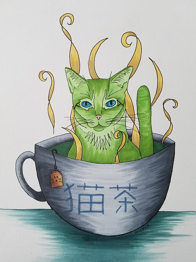 Green Cat Tea Painting by Johnny McNabb - Pixels