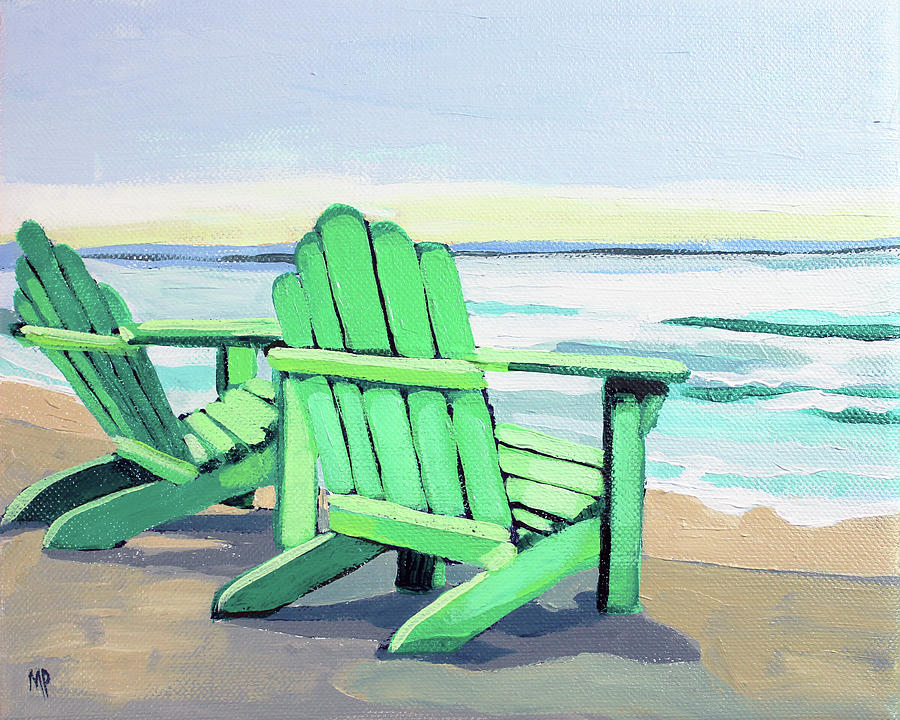 Green Chairs on the Shore Painting by Melinda Patrick