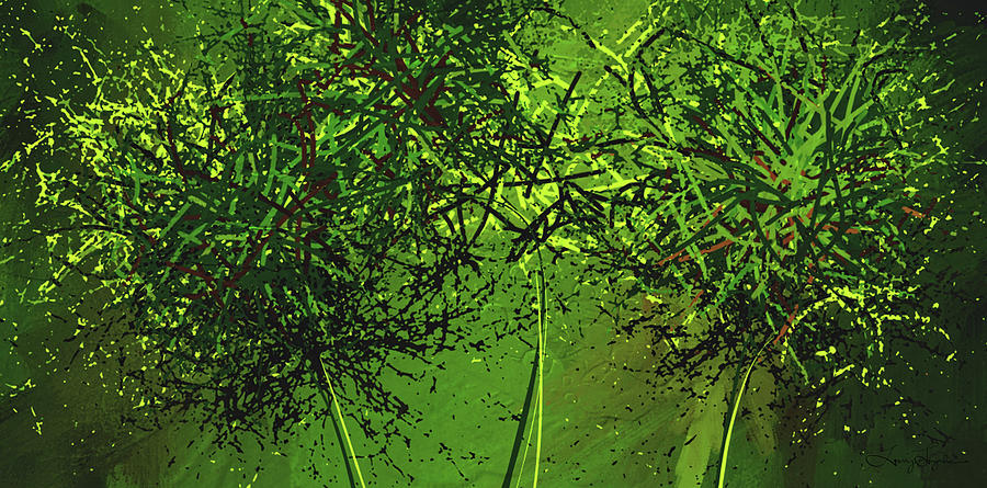 Green Explosions - Green Modern Art Painting by Lourry Legarde