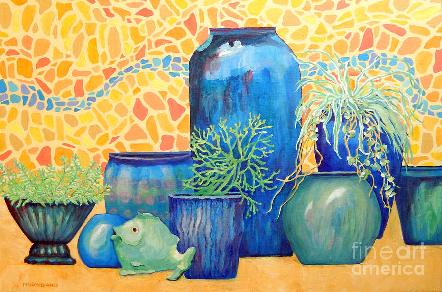 Green Fish and Friends Painting by Sharon Nelson-Bianco