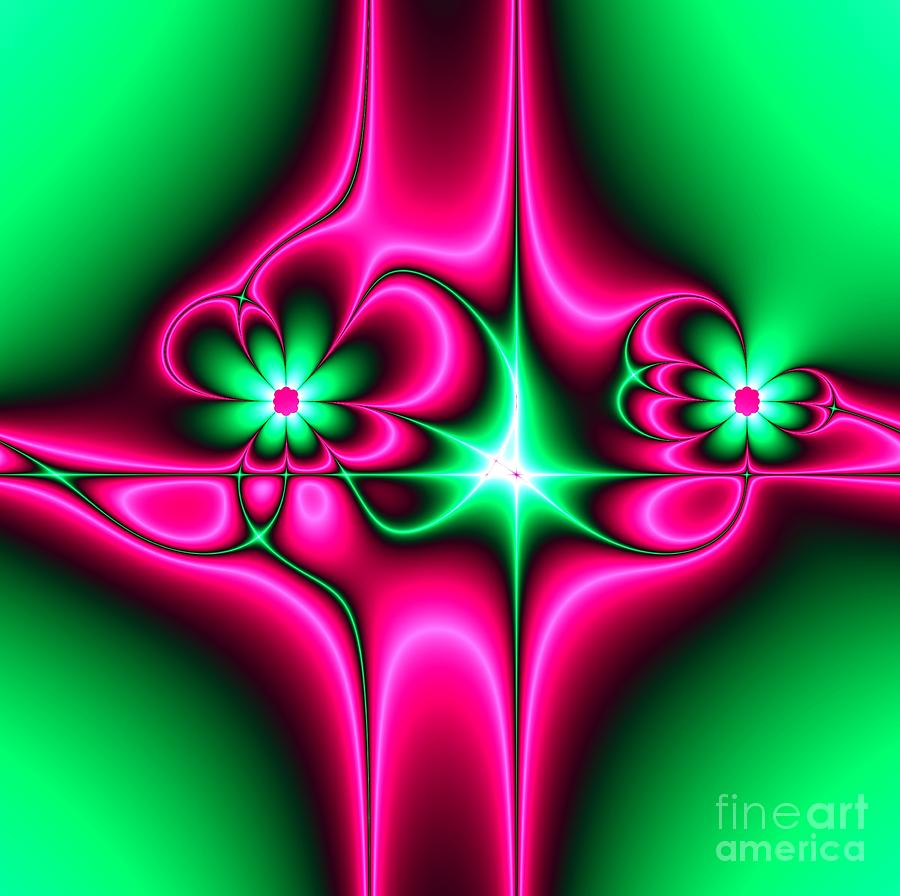 Green Flowers On Pink Ribbons Fractal 64 Digital Art