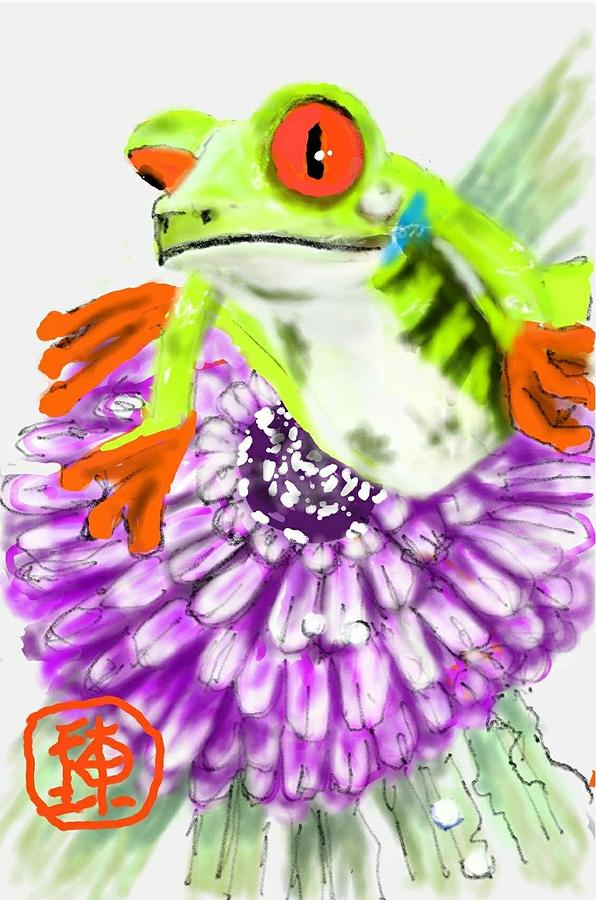  Green Frog On Purple Flower  Digital Art by Debbi Saccomanno Chan
