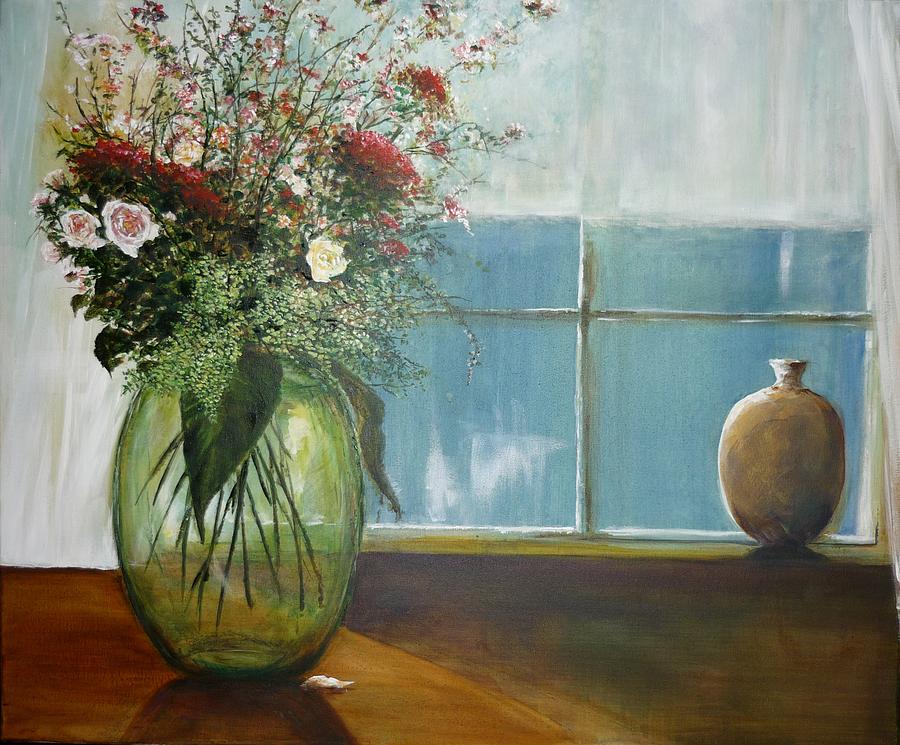 Green Glass Vase  Painting by Lizzy Forrester