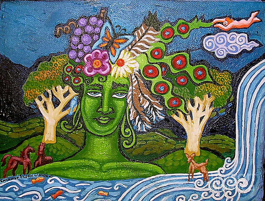 Green GoddessWith Waterfall2 Painting by Genevieve Esson