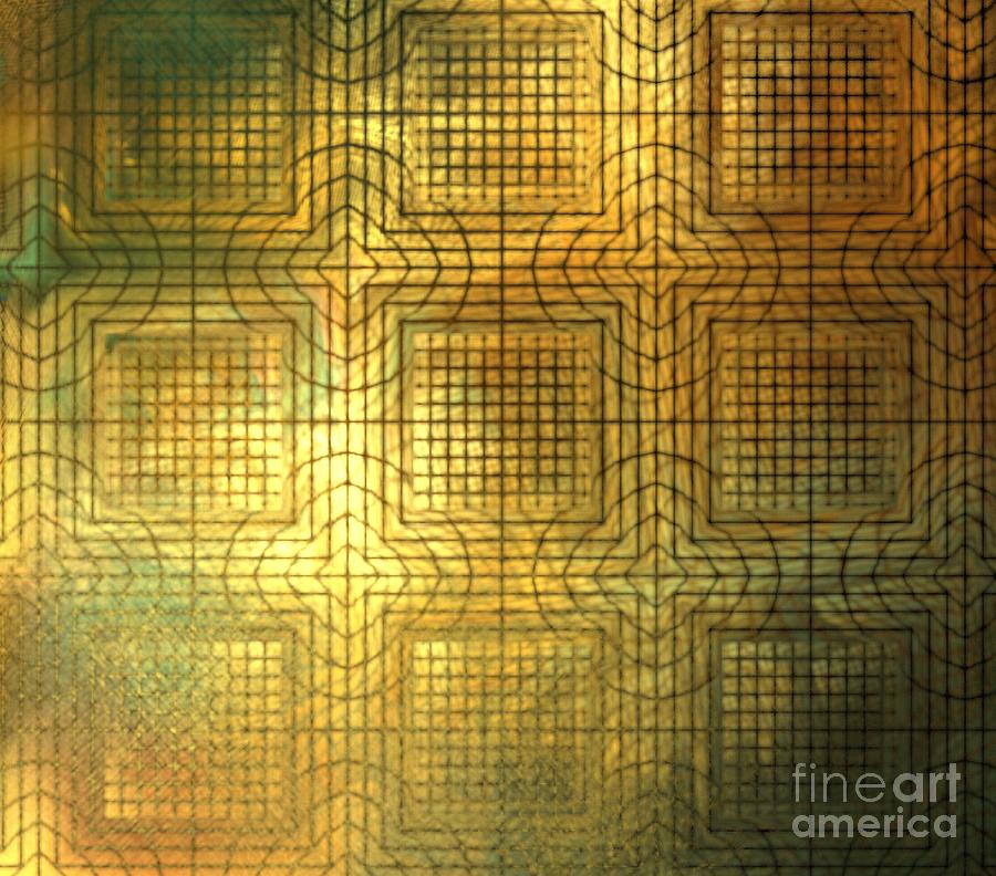 Abstract Digital Art - Green Gold Tiles by Kim Sy Ok