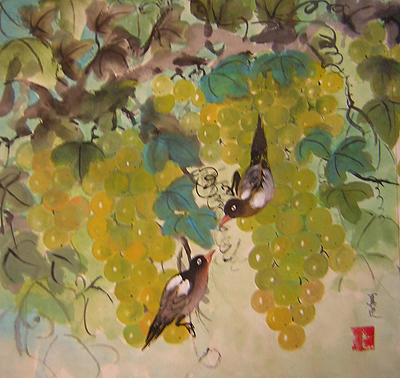 Water Colour Painting - Green grapes and brown birds by Lian Zhen