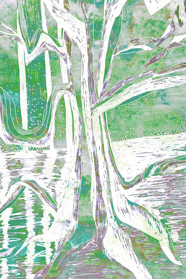 Green-grey Misty Morning River Tree Painting
