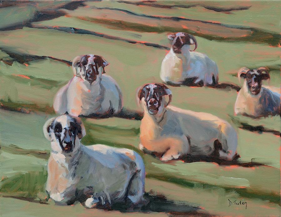 Green Hill Sheep at Rest Painting by Donna Tuten