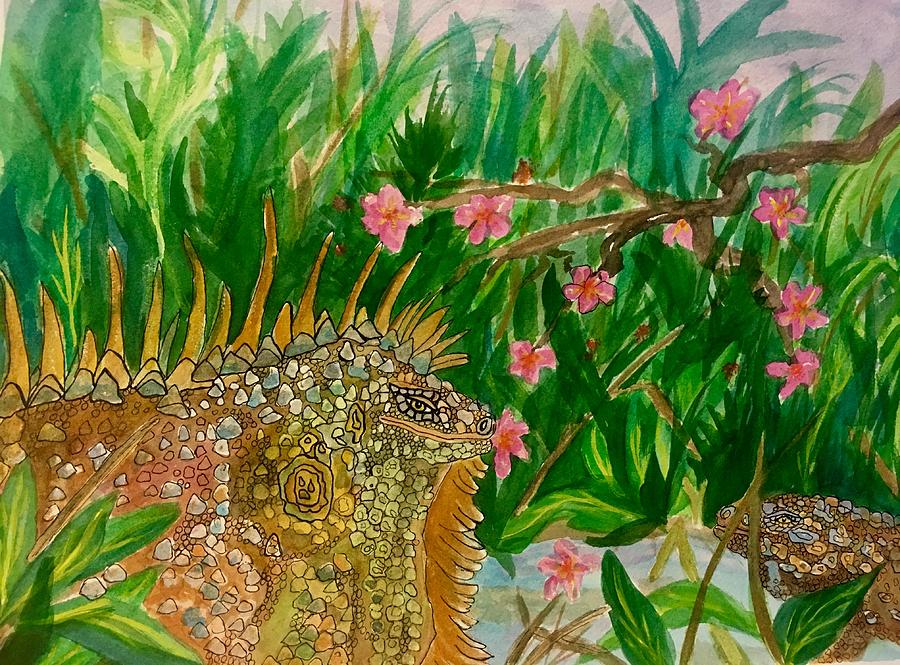 Green Iguanas  Painting by Ellen Levinson