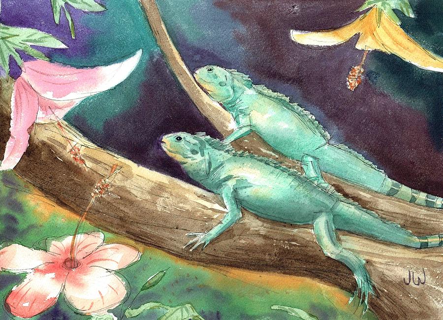 Green iguanas sunning Painting by June Walker