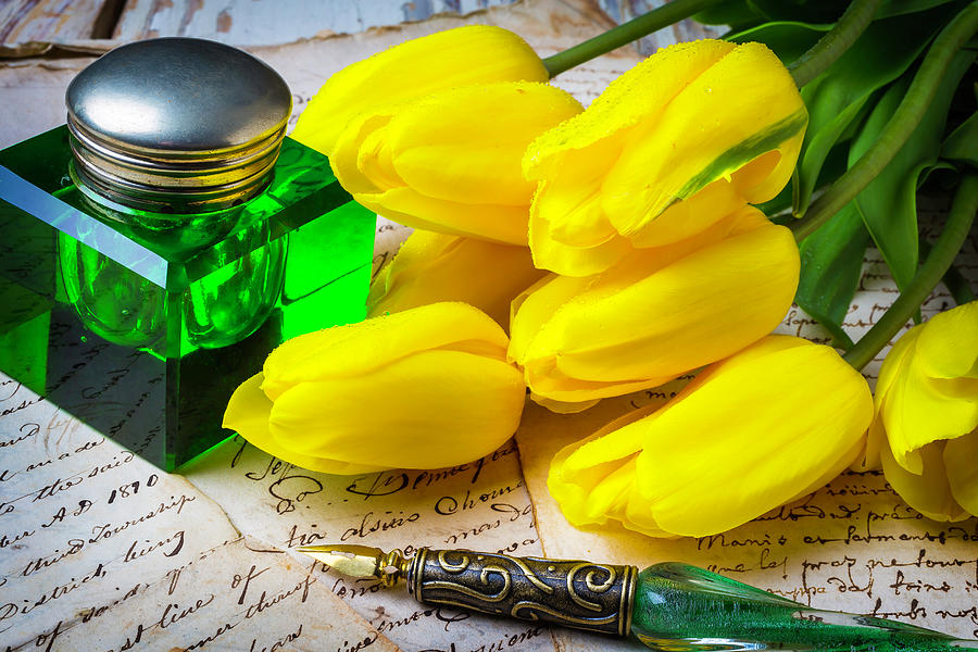 Still Life Photograph - Green Ink Well And Yellow Tulips by Garry Gay