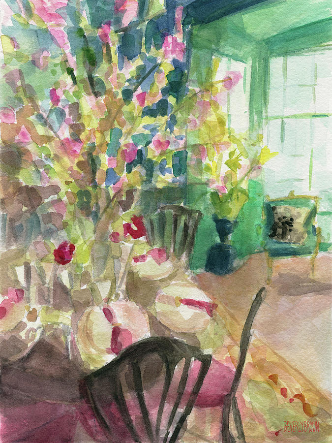 Flowers Still Life Painting - Green Interior with Cherry Blossoms by Beverly Brown