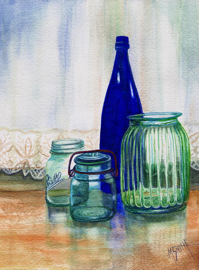Green Jars Still Life Painting by Marilyn Smith