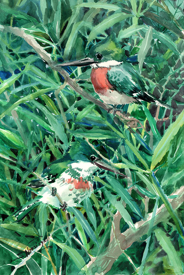 Green Kingfishers in the Grass Painting by Suren Nersisyan