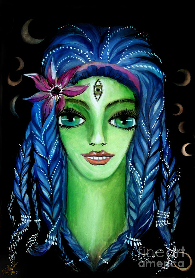 Fantasy Painting - Green lady space alien with blue hair by Sofia Goldberg