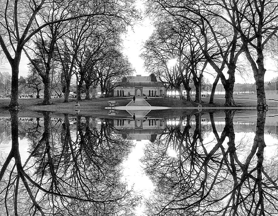 Green Lake Community Center Black and White Reflection Digital Art by Pelo Blanco Photo