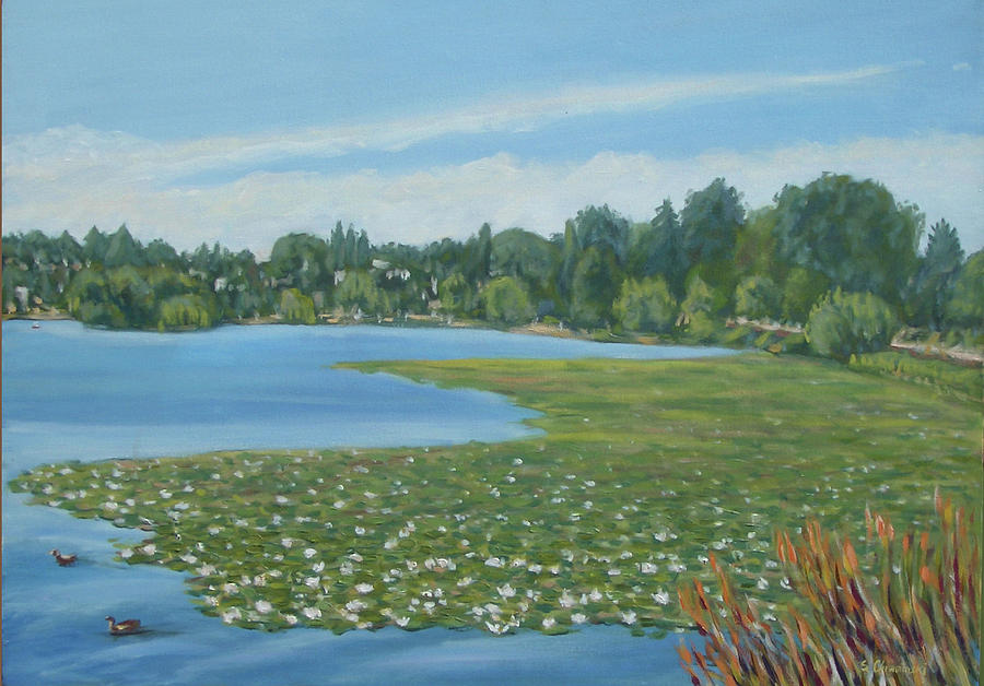 Green Lake Lilies  Painting by Stan Chraminski
