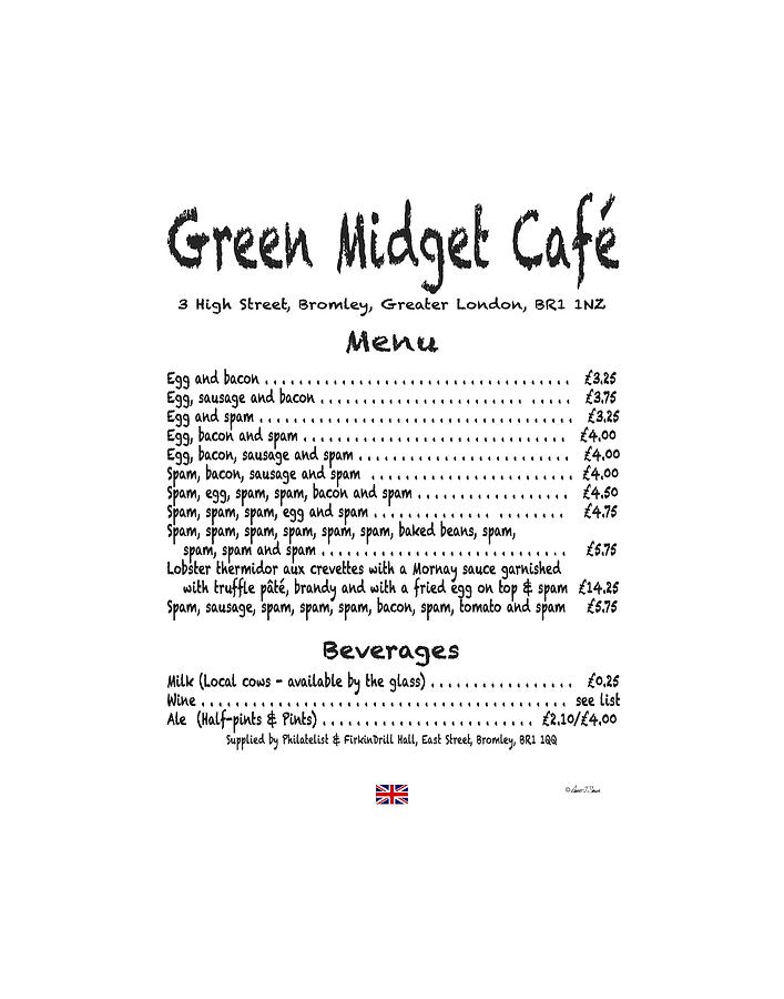 Green Midget Cafe Menu T-Shirt Black Letters Digital Art by Robert J Sadler