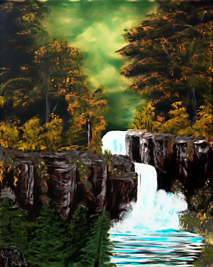 Green Mist Fantasy Falls - Elegance With Oil Painting by Claude Beaulac
