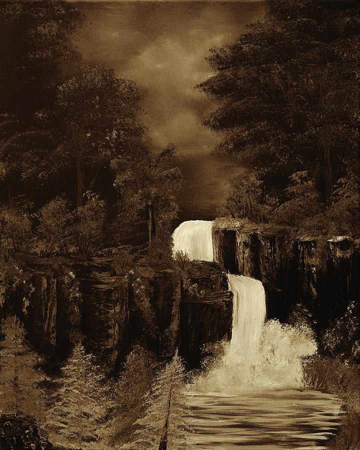 Green Mist Fantasy Falls - Sepia Painting by Claude Beaulac