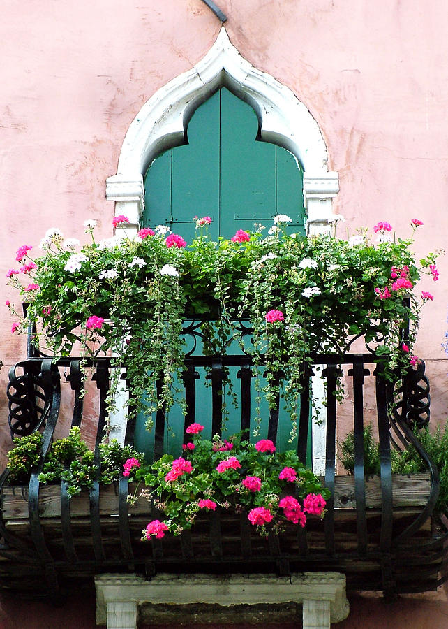 Green Ornate Door With Geraniums Photograph