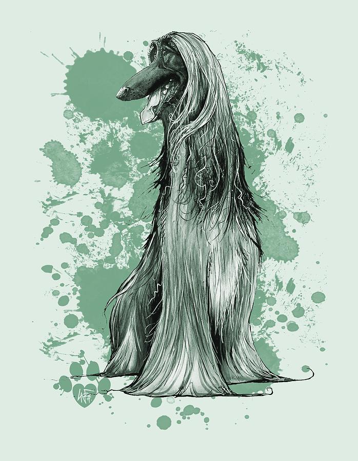Green Paint Splatter Afghan Hound Drawing by John LaFree