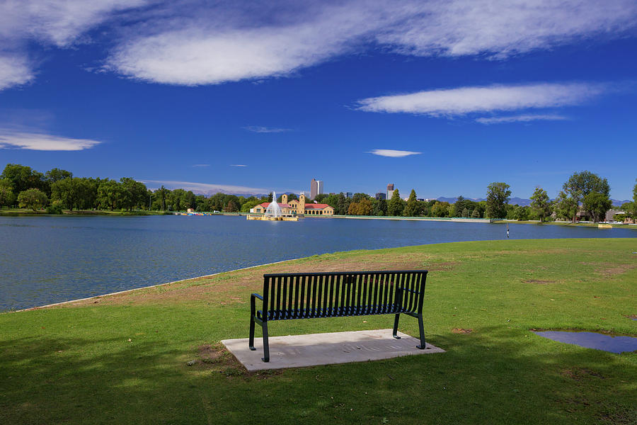 Green Park Bench And Mountain Wave Clouds At Ferrill Lake In Denvers City Park Photograph