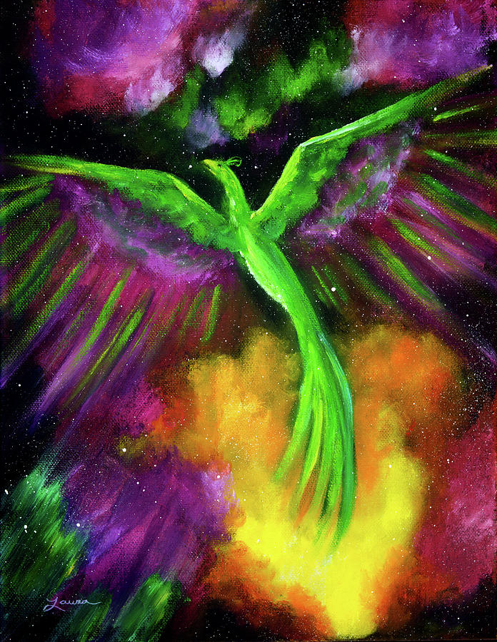 Green Phoenix in Bright Cosmos Painting by Laura Iverson