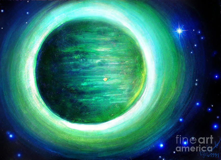 Space Painting - Green planet  Fayorris. Space art by Sofia Goldberg