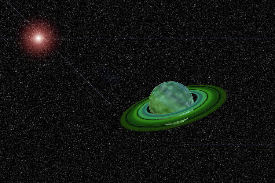 Interstellar Digital Art - Green Planet with Rings by Cathy Harper