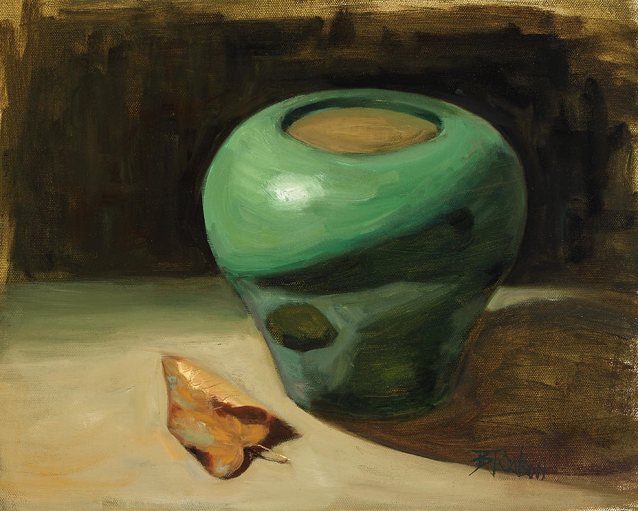 Green Pot with Autumn Leaf Painting by Billie Colson
