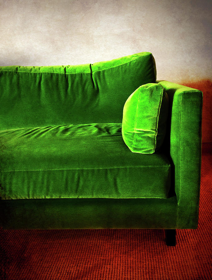 Vintage Photograph - Green retro sofa in a room by GoodMood Art