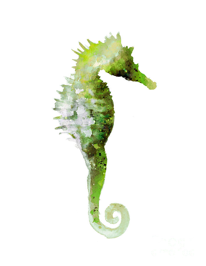 Seahorse Painting - Green seahorse watercolor art print painting by Joanna Szmerdt