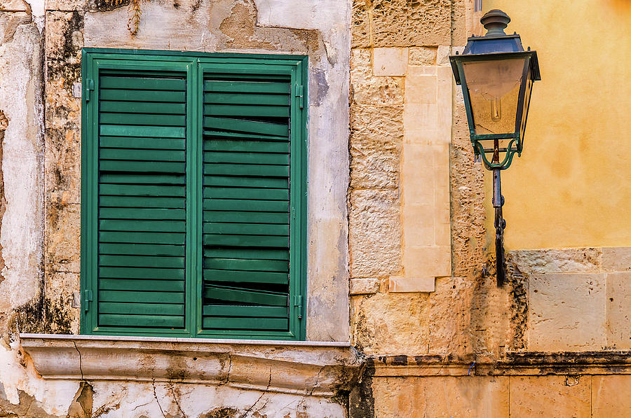 Architecture Photograph - Green Shutters And Lamp Syracusesicily by Xavier Cardell