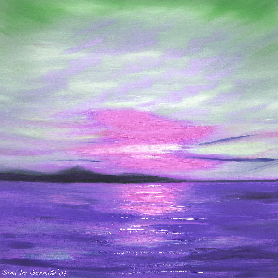 Green Skies and Purple Seas Sunset Painting by Gina De Gorna