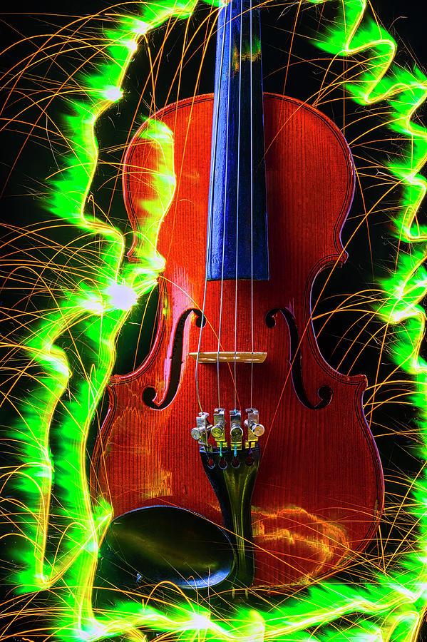 Music Photograph - Green Sparks And Violin by Garry Gay