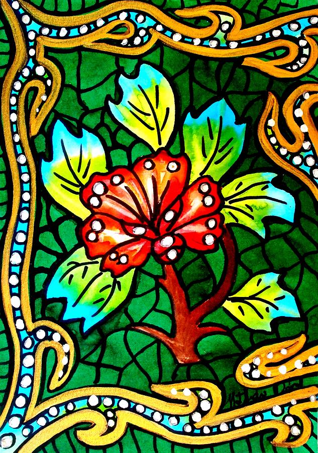 Green Stained Glass with Flower  Painting by Dora Hathazi Mendes