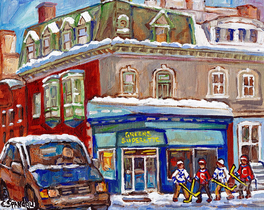 Green Superette Mcgill Ghetto Depanneur Corner Milton And Durocher Canadian Hockey Painting Cspandau Painting by Carole Spandau