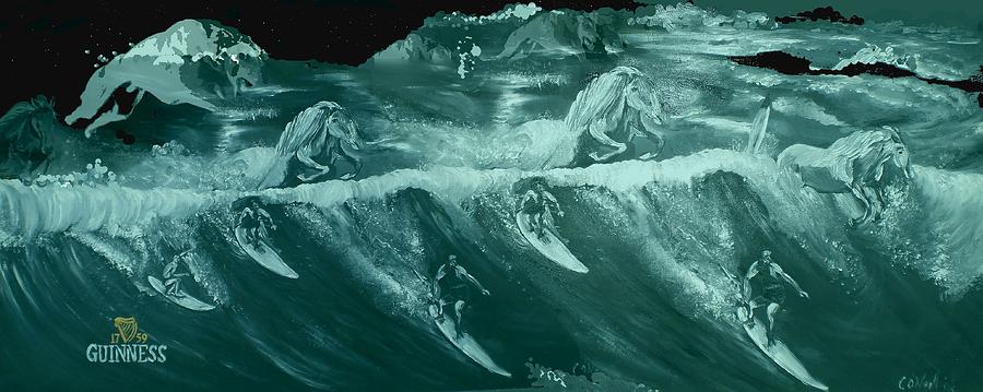 Green surfers Painting by Colin O neill