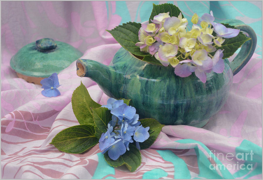 Teapot Photograph - Green Teapot And Hydrangea by Luv Photography