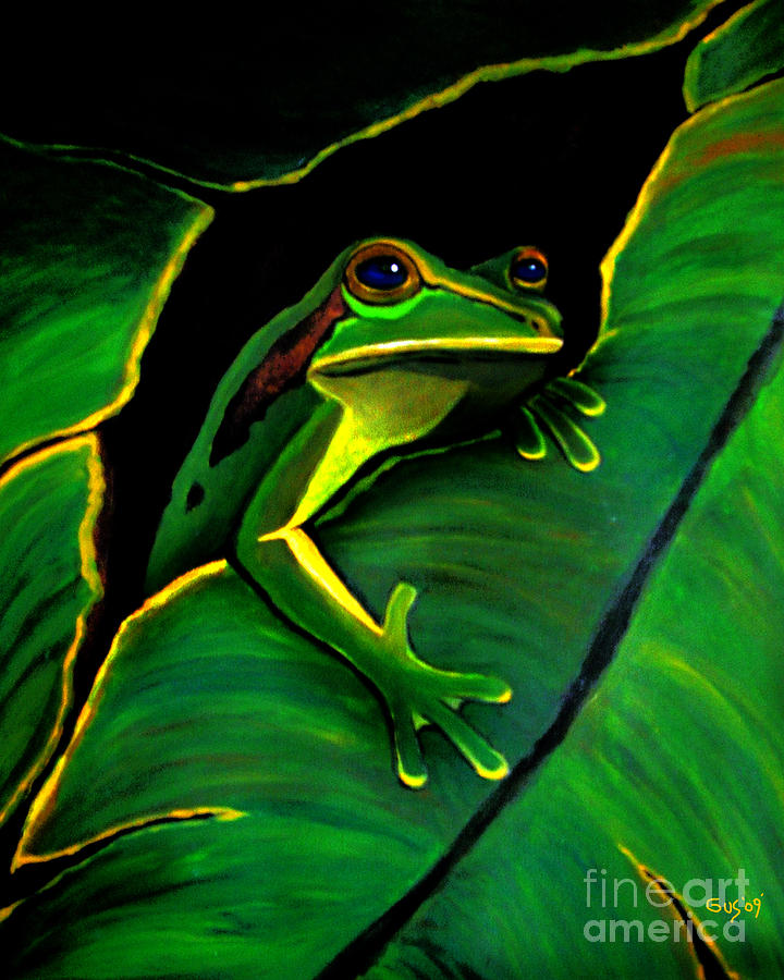 Green Tree Frog And Leaf Painting