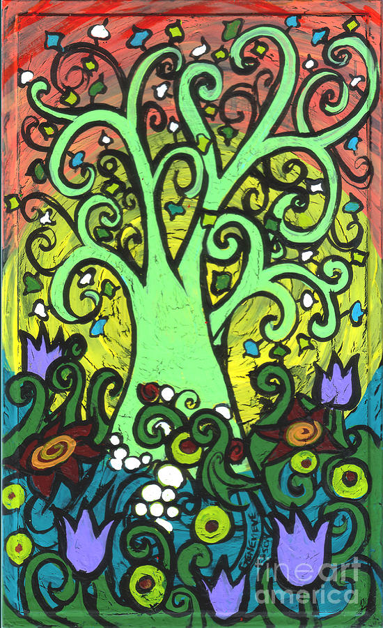 Green Tree With Purple Tulips Painting by Genevieve Esson