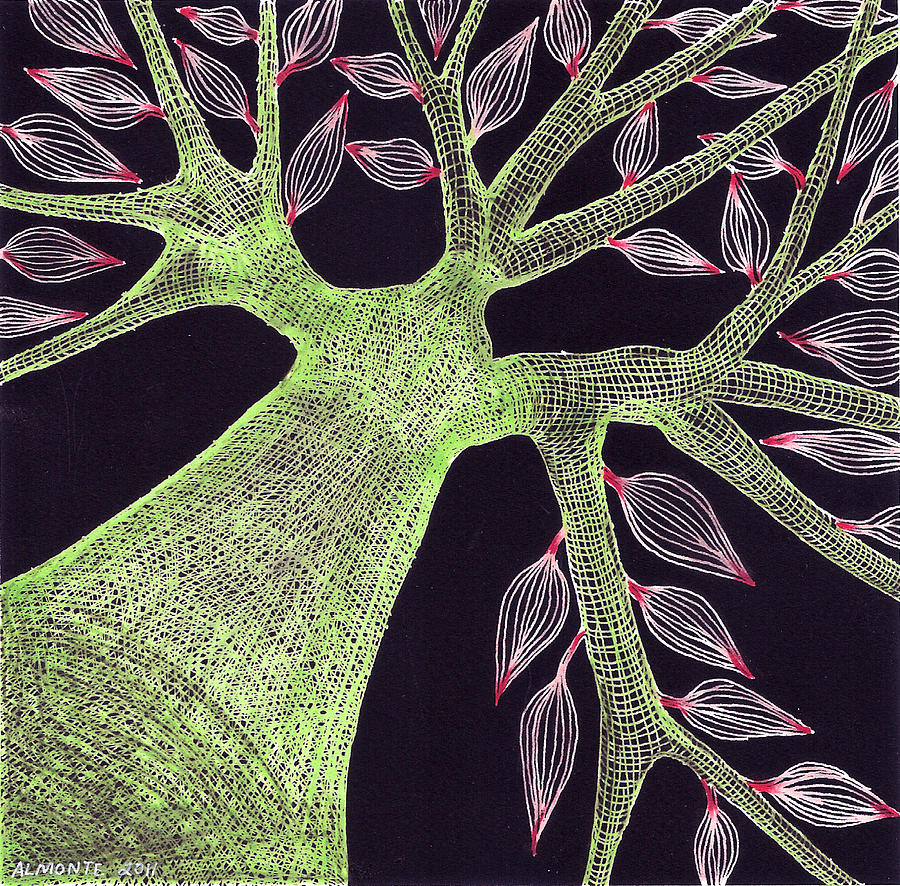 Nature Drawing - Green Tree with Red Leaves by Larry Almonte