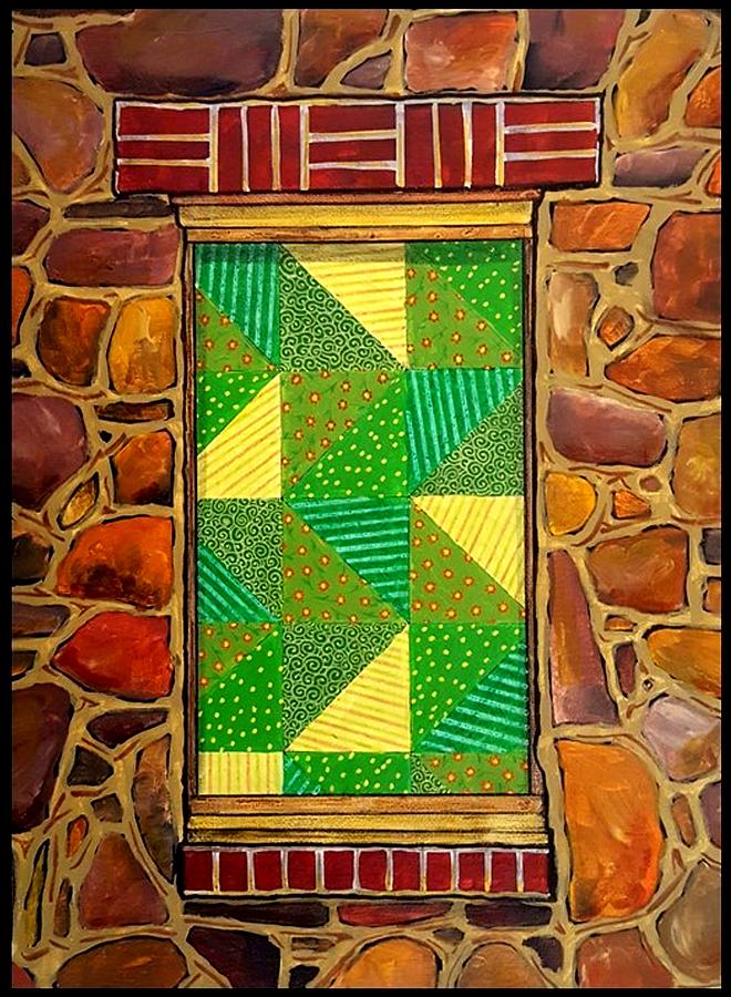 Green Triangles Quilted Window Painting by Jim Harris