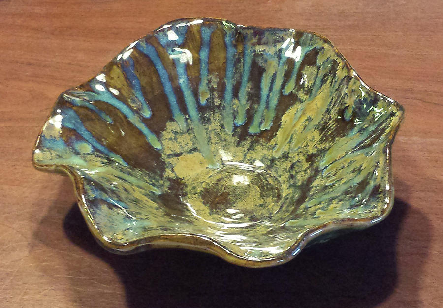 Green Turquoise Blue and Golden Brown Ceramic Bowl Ceramic Art by Suzanne Gaff