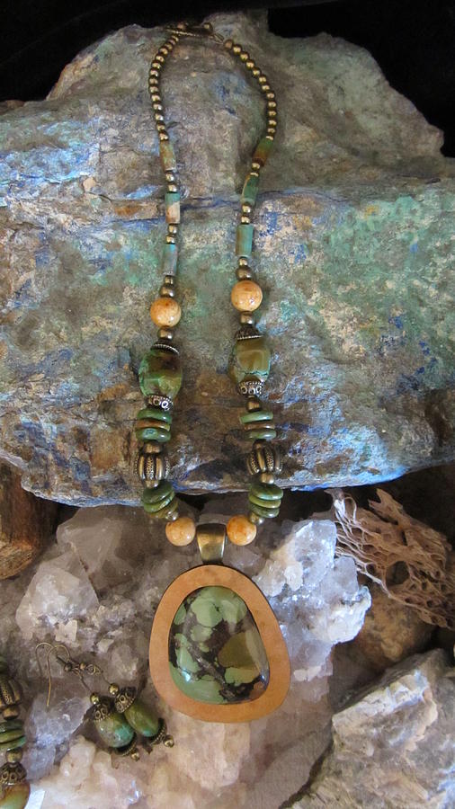 D126 Green Turquoise set in Gourd Wood  Jewelry by Barbara Prestridge