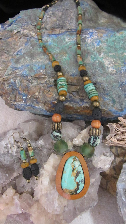 D137 Green Variscite  set in Gourd Wood  Jewelry by Barbara Prestridge