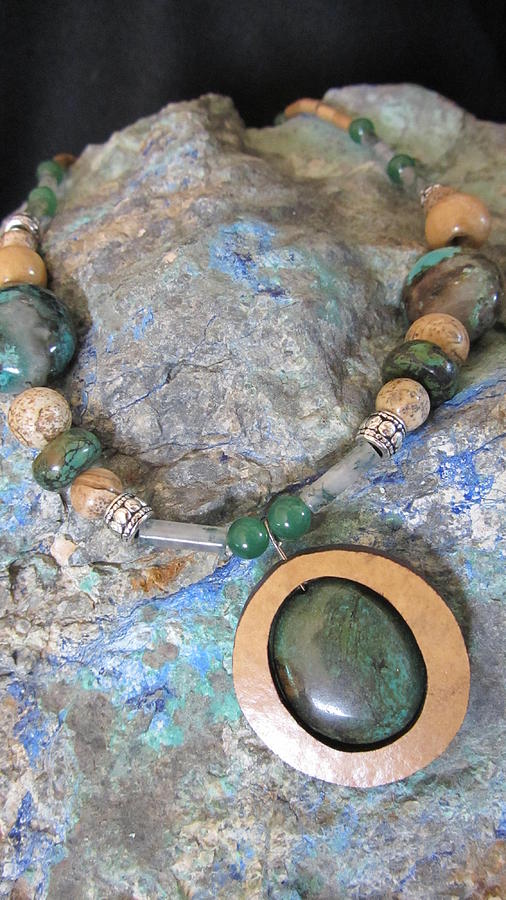D82 Green Turquoise set in Gourd Wood Jewelry by Barbara Prestridge