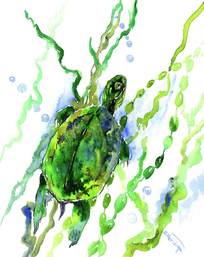 Green Turtle in the River Painting by Suren Nersisyan